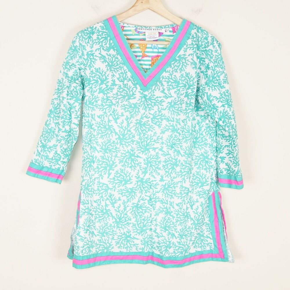 Gretchen Scott Green Fish Print Aquatic Reef Print Tunic Top Womens Shirt XS